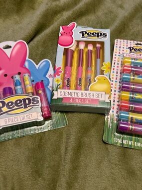 Peeps Pink 4-Piece Cosmetic Brush Set with lips set and chap stick